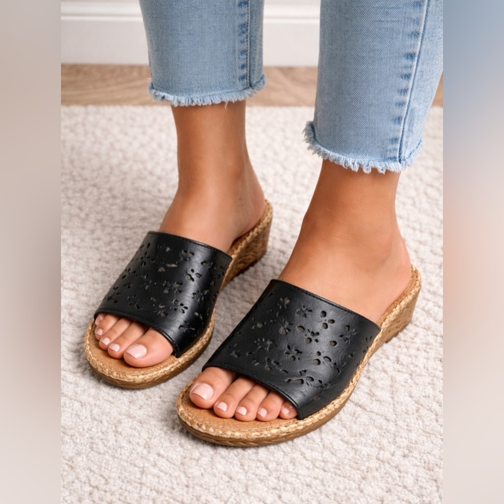 b.o.c. Born Concept Black Faux Leather Laser-Cut Flower Wedge Sandals - Size 6